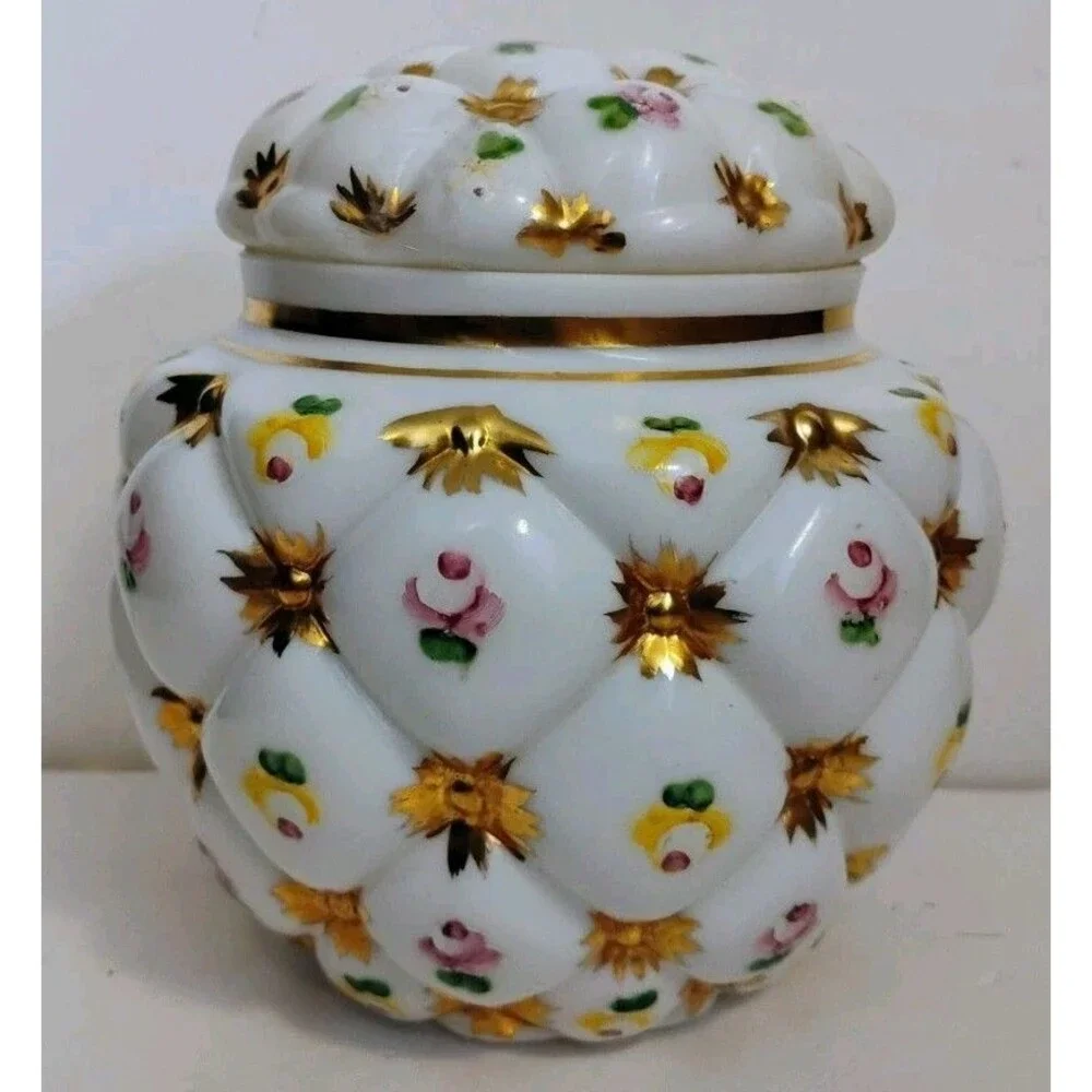 Vintage Consolidated Glass Con Cora Quilted Milk Glass Biscuit Jar Gold Roses
